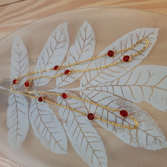 Gold Ruby Red Necklace, Ladybug Like red Crystals, Lightweight - Picture 1 of 7